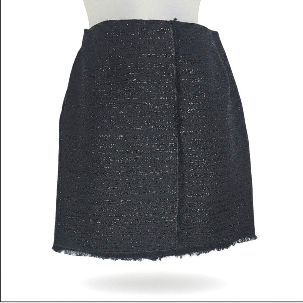 Trina Turk Black Metallic Tweed Mini Skirt Frayed Hem Size 10 Whimsigoth Office